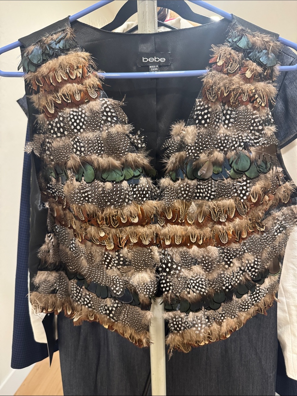 bebe Feather-Trim Camisole Vest in Brown, Black and Green Accents